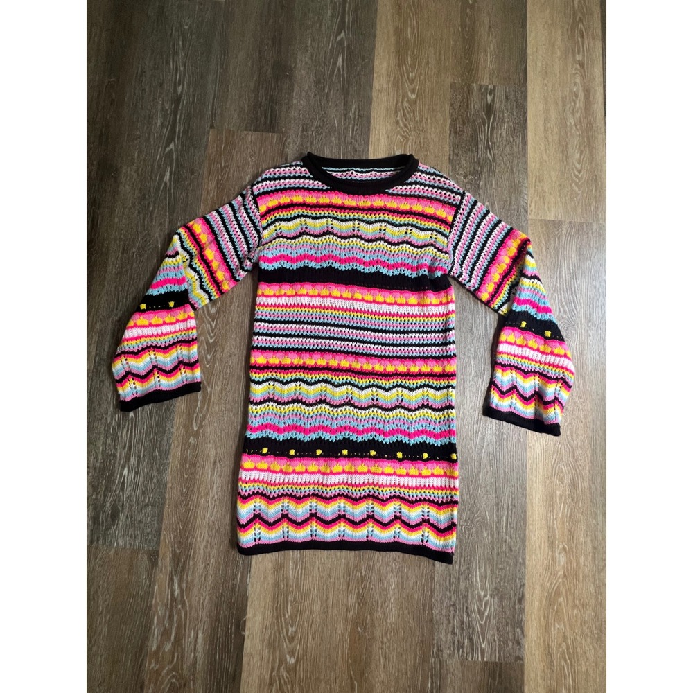 Crochet Knit‎ Mini Dress Womens Medium Multi Color Bell Sleeve Chevron